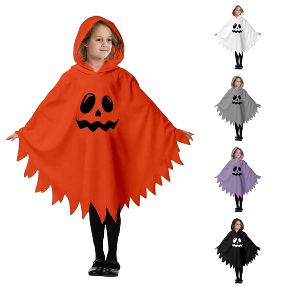 333REDARER Kids Friendly Ghost Hooded Poncho Cosplay Cloak Jagged Perimeter Front‑Face Print Pullover Cover‑Up for Halloween Block Trick or Treat Themed Party Role‑Play Gathering,4-6 Years