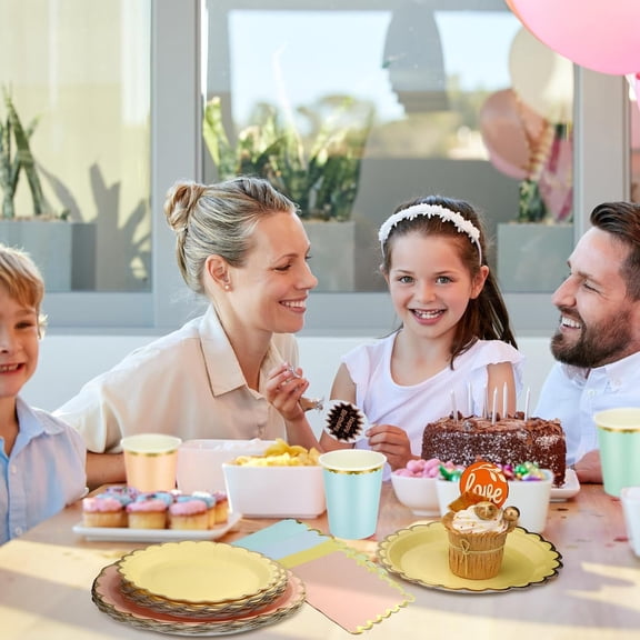 336 Pcs Plates and Napkins Party Supplies Disposable Dinnerware Set Scalloped Plates Cups Napkin with Plastic Forks Knives Spoons Serve 48 Guests for Birthday Wedding (Rainbow,Classic)