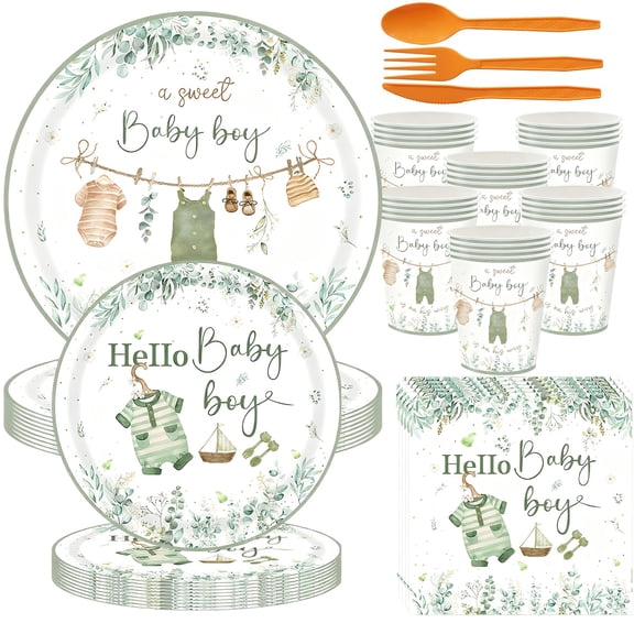 336Pcs Sage Green Baby Shower Party Supplies Set for 48 Guests, Disposable Dinnerware Kit with Plates Cups Napkins Cutlery, Eucalyptus Tableware for Baby Shower Celebration Gift Hosting