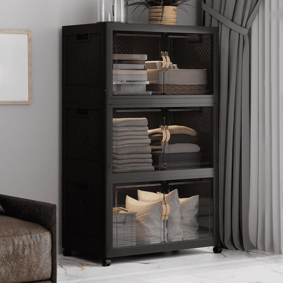 336QT 3-Pack Foldable Storage Cabinet with Lids, Black Drop-Front Closet Organizer on Wheels