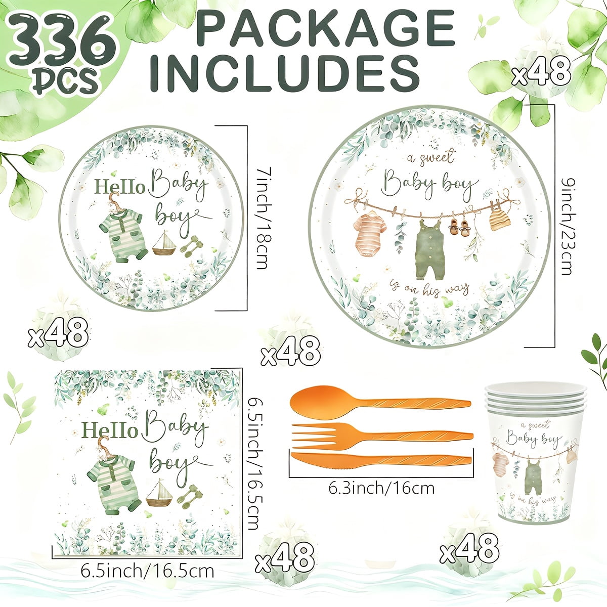 336pcs Complete Baptism & Christening Party Supplies - Disposable Dinnerware Set for 48 Guests with Green Sage Theme Plates, Cups, Napkins & Cutlery - All-in-One for Showers, Religious Celebrations