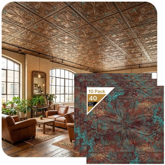 337-Helena 2 ft. x 2 ft. PVC Lay-in or Glue-up Ceiling Tile in Rustic Patina (40 Sq. ft. / Pack) - 10 Pieces