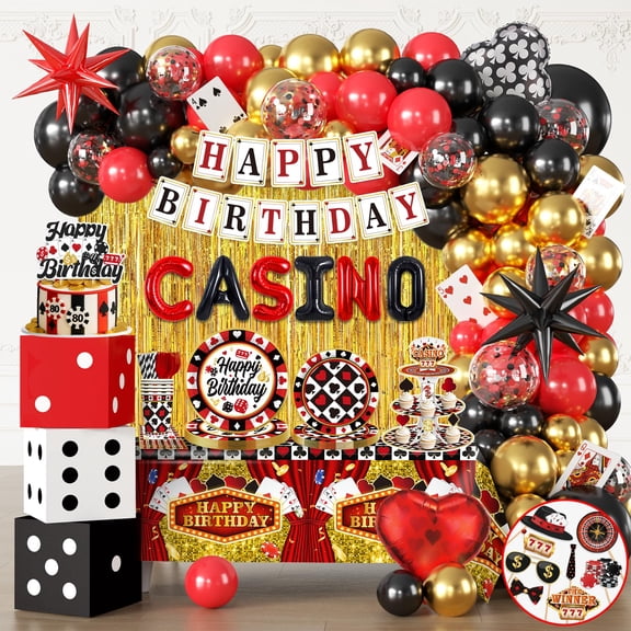 337Pcs Casino Theme Decorations Serves 25, Casino Decorations Include Banner, Casino Plate, Dice Boxes, Cupcake Stand, Photo Booth Props, Star Foil Balloons for Game Night Celebrations Y102