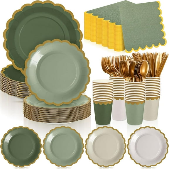 338 Pcs Sage Green Plates and Napkins Party Supplies for Guests Sage Green Tableware Include Scalloped Plates Paper Napkin Cup Spoon Fork Knife for Baby Shower, Wedding, Birthday