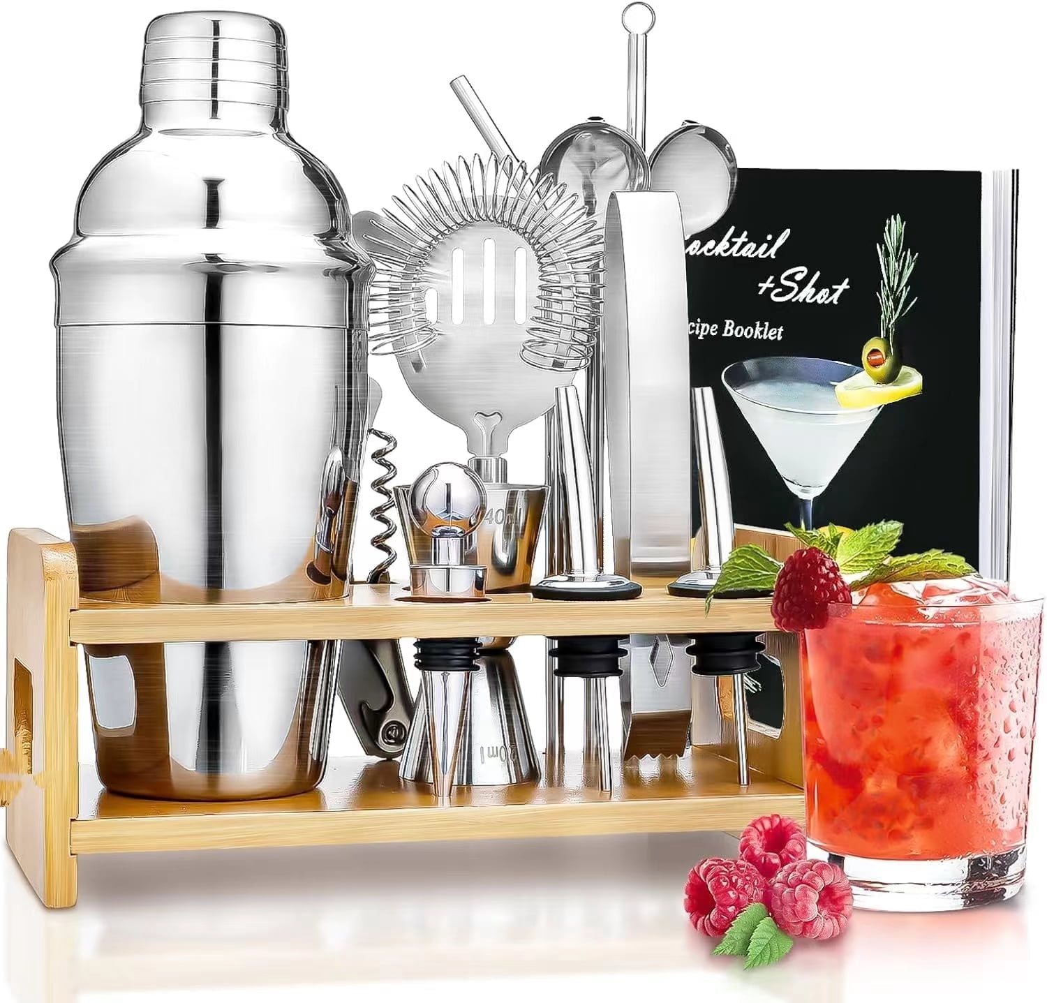 Cocktail Shaker Set Bartender Kit, 14Pcs 304 Stainless Steel Bartender Shaker Set, 550ml /19OZ Bar Tool Set with Bamboo Stand, for Home and Bar, The Best Gift Choice For Christmas.