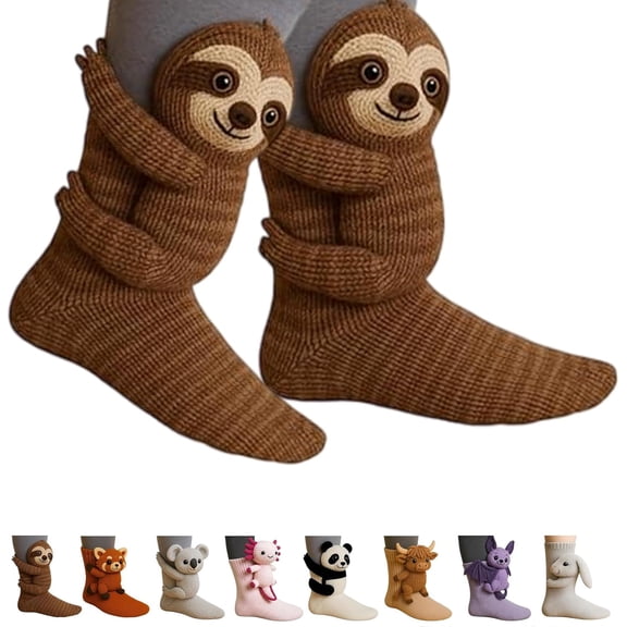 33D Cute Knit Animal Socks - Cozy Winter Socks with Cute Plush Animal Designs, Christmas Gifts for Kids & Adults (Sloth)