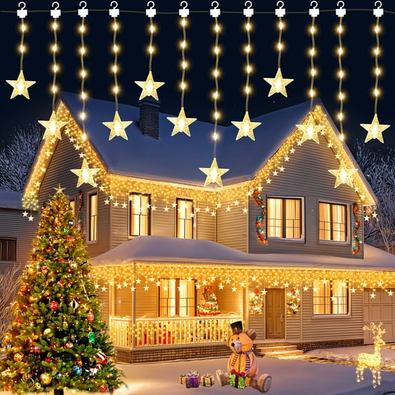 33FT 300LED Outdoor Christmas Star Icicle Lights With Remote, 11 Modes, IP44 Waterproof, Timer & Memory Fuction,Dimmable, Plug In Dual Color Changing String Lights With Star Pendants