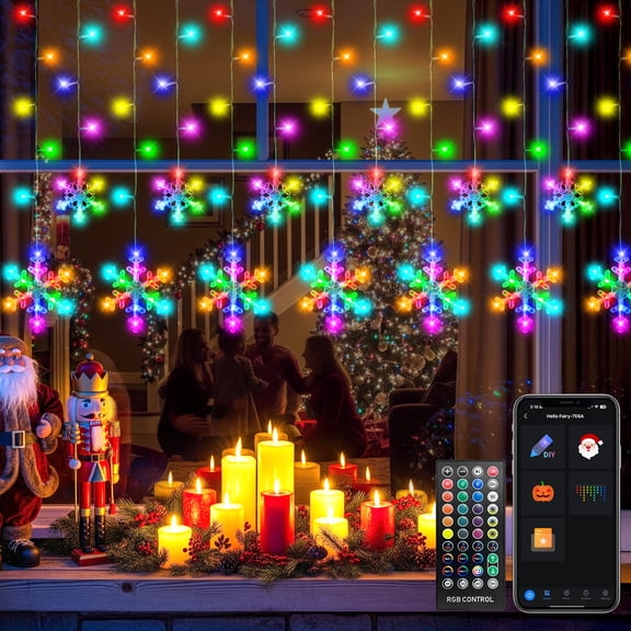 33FT 416 LEDs Smart RGB Snowflake Icicle Lights Color Changing App Controlled Christmas Lights Outdoor Music Sync String Lights with Remote Holiday Lights for House Roof Party Garden Decor