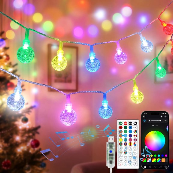 33FT 60LED Color Changing String Lights, APP Control Fairy Lights with Remote, Indoor Globe String Lights, Music Sync for Girl Gift Bedroom Tent Wedding Christmas Tree