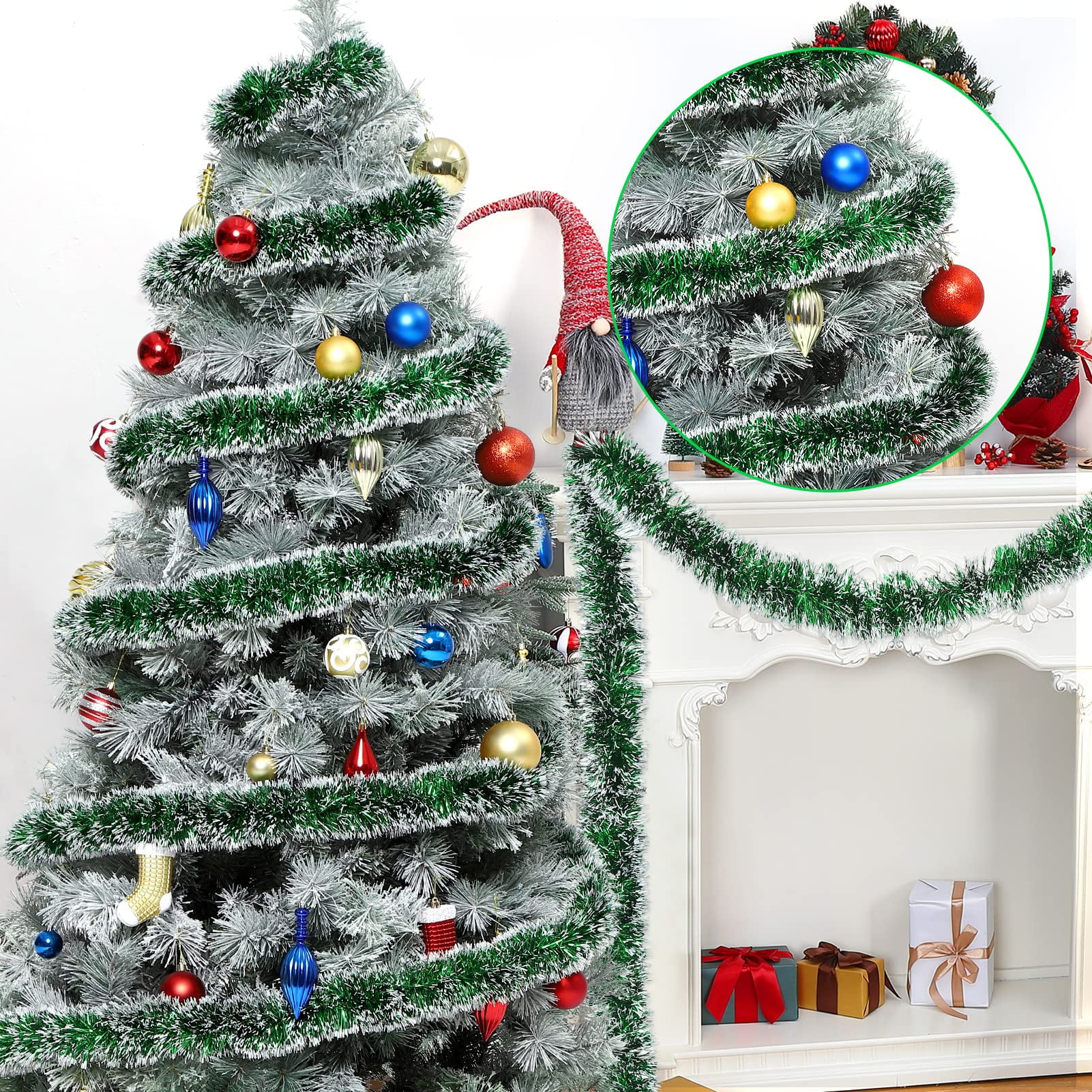33FT Christmas Tinsel Garland, Christmas Tree Red Frost Tip Tinsel
