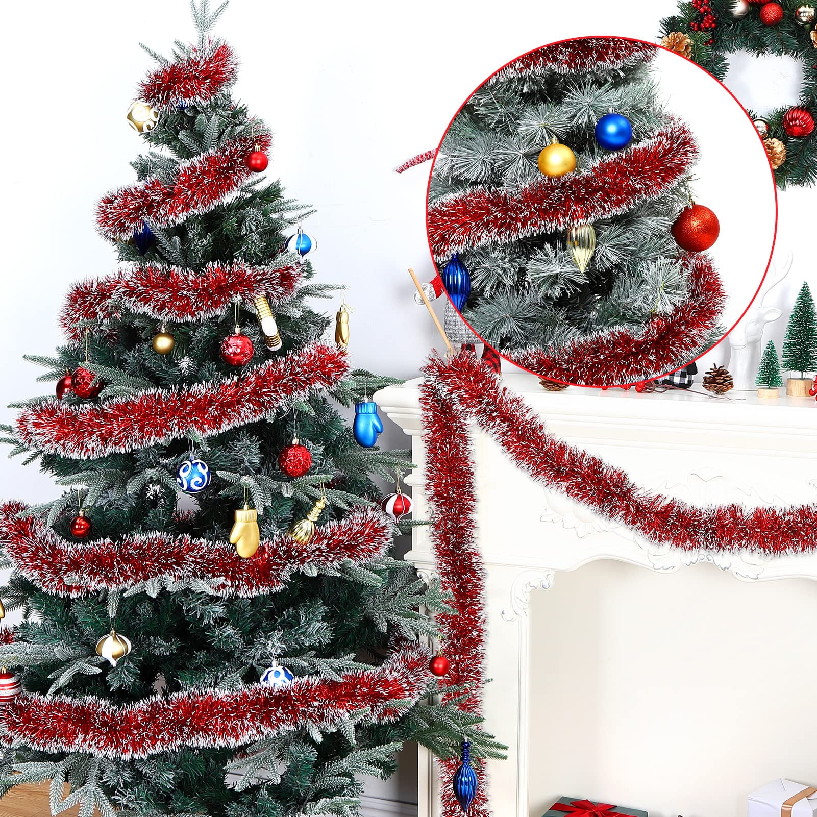 33FT Christmas Tinsel Garland, Christmas Tree Red Frost Tip Tinsel GarlandStreamers for