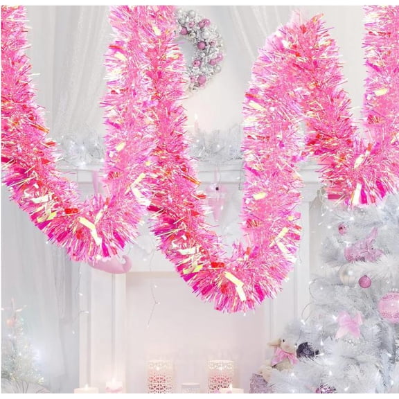 33FT Christmas Tinsel Garland,Pink Shiny Metallic Foil Decorations for Parade Floats, Christmas Tree, New Year Parties,Birthday Party,Indoor and Outdoor Disco Party Supplies