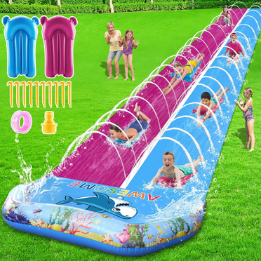 33FT Extra Long Water Slide and 2 Bodyboards, Heavy Duty Lawn Water Slides Double Waterslide Slip with Sprinkler for Kids Adults Backyard Summer Water Toy Outdoor Fun