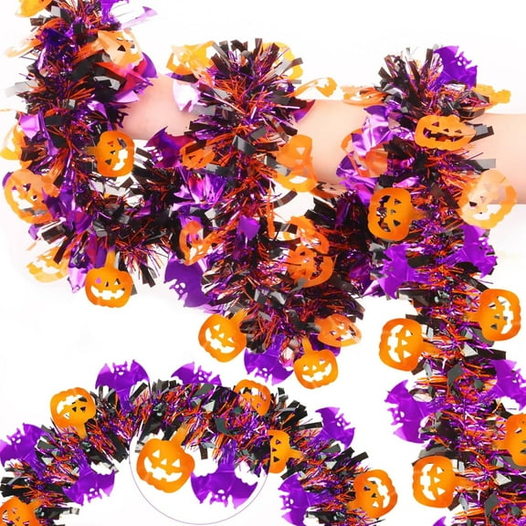 33FT Halloween Tinsel Garland with Orange Pumpkin Purple Bat Black Spider Ornaments, Metallic Streamers Halloween Garland Party Decorations for Home Classroom Window Door Table Decor Indoor Outdoor