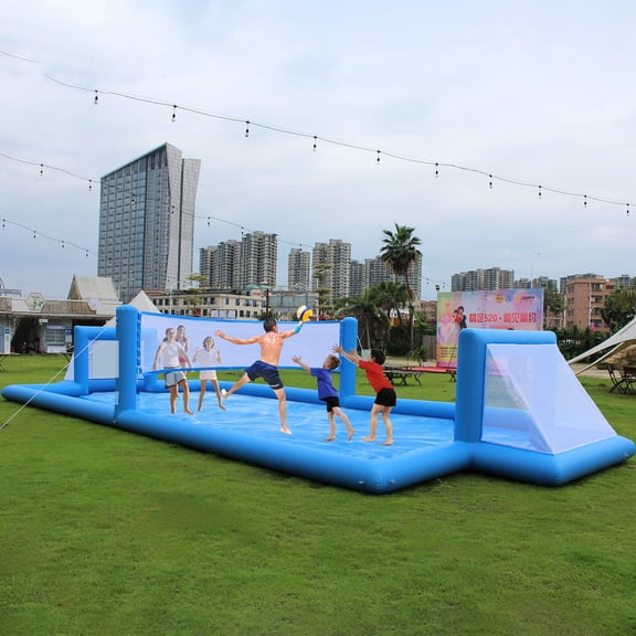 33FT Inflatable Volleyball Court, 2 in 1 Commercial Grade PVC Volleyball Pool Field & Water Soccer Field with 800W Air Pump for Beach, Pool & Backyard Outdoor Games