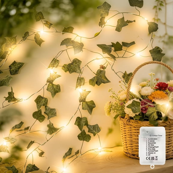 33FT Ivy Vines with Fairy Lights, IP44 Waterproof 100LED String Lights with 8 Modes & Timer, Battery Operated Artificial Greenery Garland for Aesthetic Bedroom Wall Decor, Party, Wedding