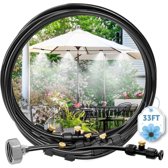 33FT Outdoor Misting Cooling System with 8 Nozzles & 3/4" Brass Adapter - for Patio, Porch, Umbrella, BBQ, Chicken Coop