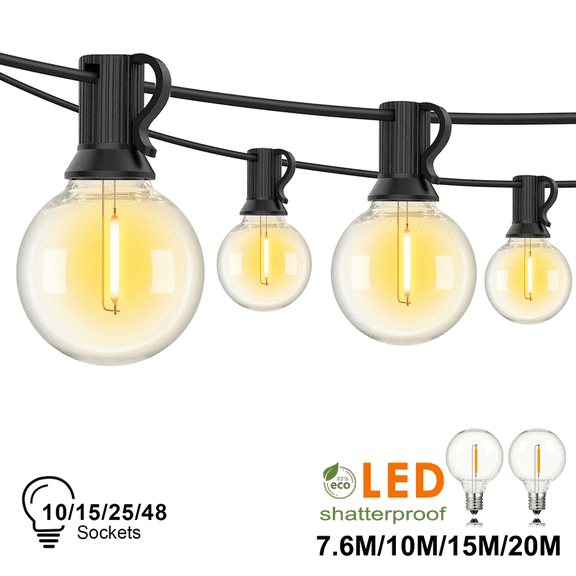 G40 33Ft Globe LED Solar Lights String E12 Base 15 Sockets Waterproof Dimmable Patio Light Shatterproof Bulb for Camper Garden Decora