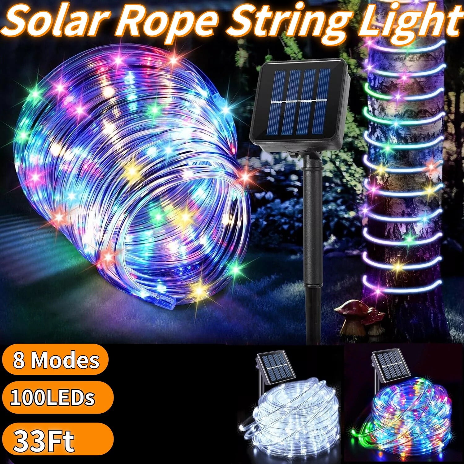 33FT Rope Solar String Lights Outdoor Waterproof LED Garden Fairy Light ...