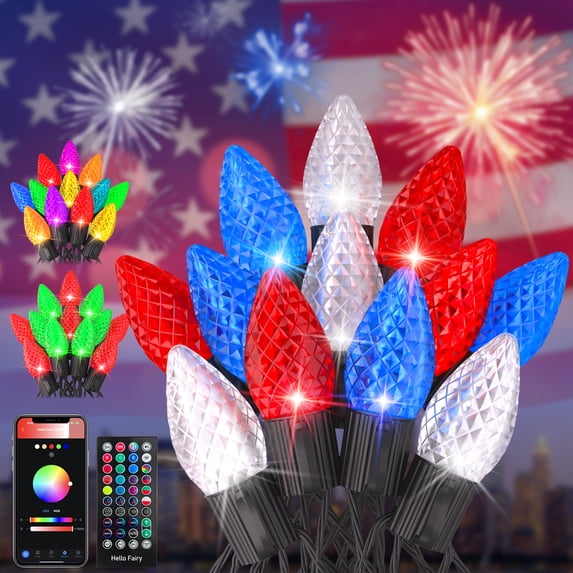 33FT Smart C9 LED String Lights 50 Color Changing Bulbs APP & Remote Controlled Music Sync Timer Extendable Waterproof Outdoor Decorative Lights for 4th of July Patriotic Party Patio Fence & Holiday