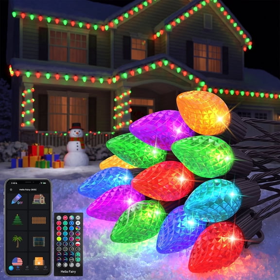 Smart C9 Christmas String Lights Outdoor 40FT 50 RGB Color Changing LED Faceted App Remote Control 125 Modes Music Sync Timer Connectable IP65