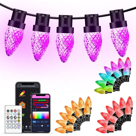 33FT Smart C9 LED String Lights 50 Color Changing Bulbs APP & Remote Controlled Music Sync Timer Extendable Waterproof Outdoor Decorative Lights for Valentine’s Day Party Patio Fence & Holiday Decor