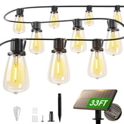 33FT Solar LED String Lights IP54 Waterproof - ST38 Shatterproof Edison Bulbs, Remote Control, Dimmable, Dusk to Dawn, 4400mAh Solar Powered