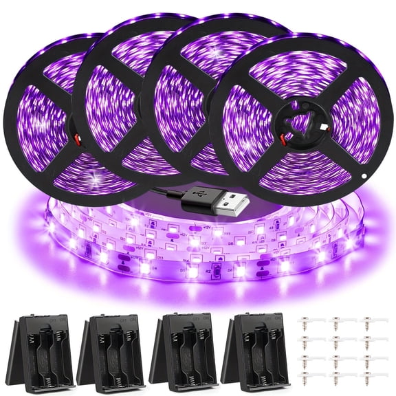 33FT USB  Battery Powered Black Light LED Strip Lights 4 Pack, 600 LEDs Flexible UV Blacklight, Glow Neon Lights for Bedroom, Halloween, Parties, Fluorescent Poster  Painting Decor