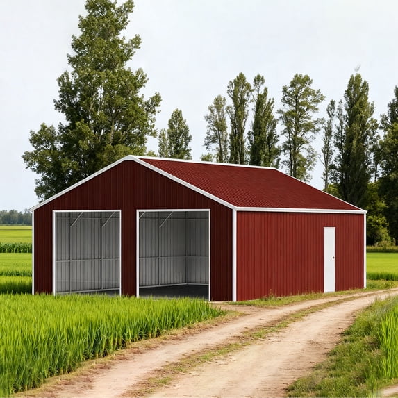 33FT x 25FT Heavy-Duty Metal Garage Barn, Reinforced Steel Storage Shed with Dual Large Door & Side Door, All-Weather Garage for Vehicles & Equipment
