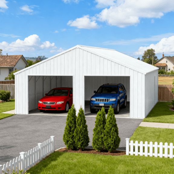 33FT x 25FT Heavy-Duty Metal Garage Barn Shed, Reinforced Galvanized Steel Storage Building with Dual Frame Doors & Side Entrance for Vehicles, Equipment & Farm Storage