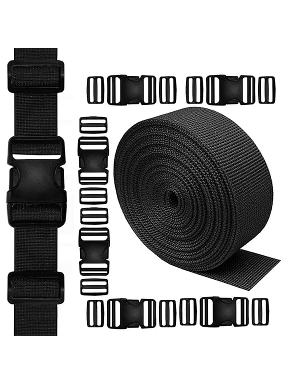 2 inch Wide Webbing Straps, 6 Pack Quick Release Buckles and 12Pcs Tri-Glide Sliders, Plastic Buckle Dual Adjustable Webbing