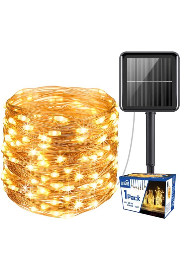 33Feet 100 Led Solar Powered Fairy Lights with 8 Modes Waterproof Decoration Copper Wire Lights for Patio Yard Trees Christmas Wedding Party (Warm White)