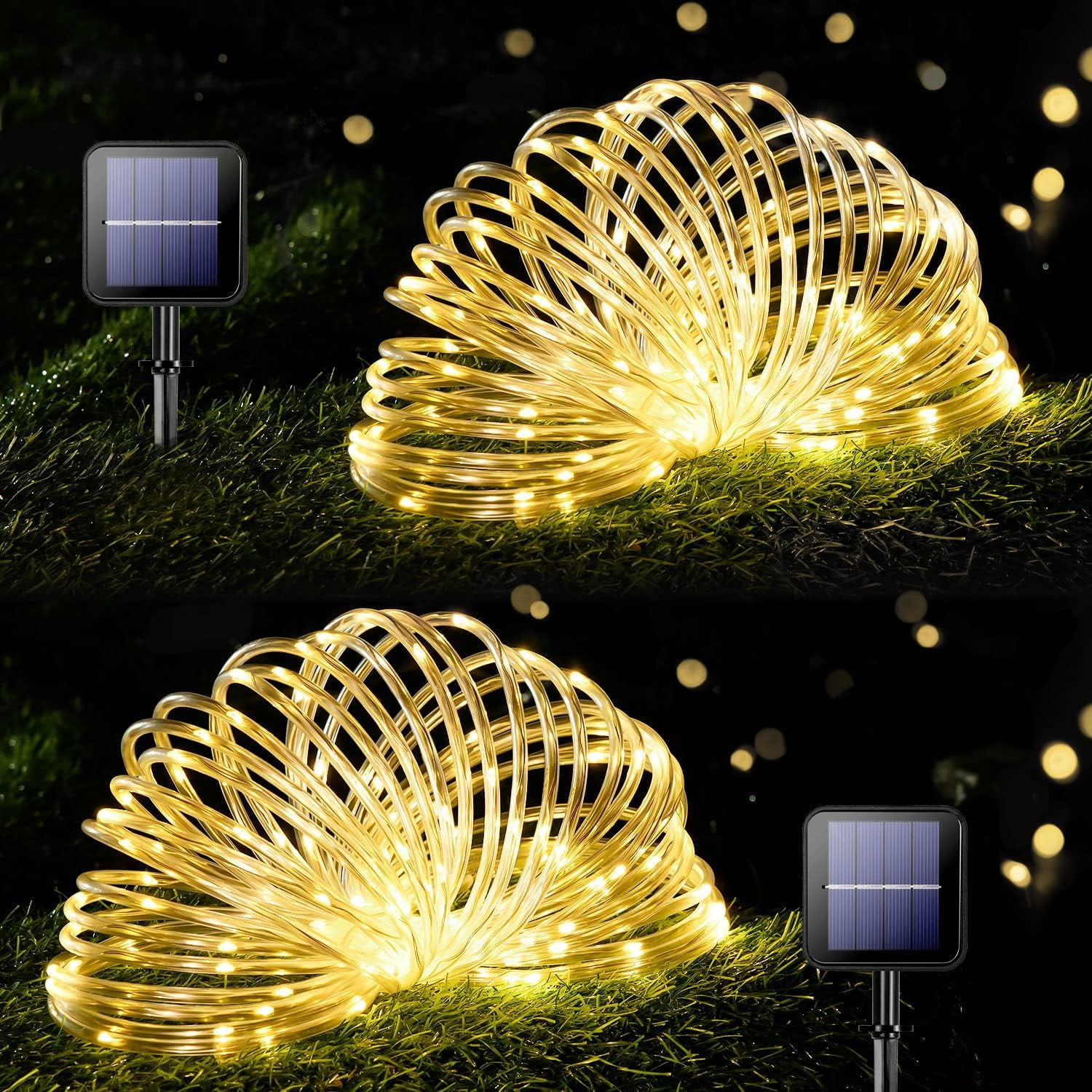 33Ft 100 Led Solar Rope Lights, Warm White Solar Powered Rope Lights, 8