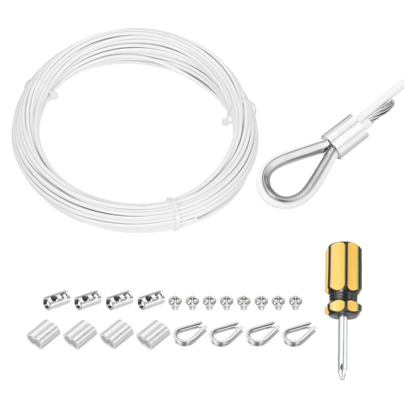 33Ft(10M) Wire Rope 304 Stainless Steel Cable 1/12"(2mm) Vinyl Coated with 1pcs Cable Clamp, Aluminum Sleeves and Thimble for Hanging, Clotheslines, Lifting White