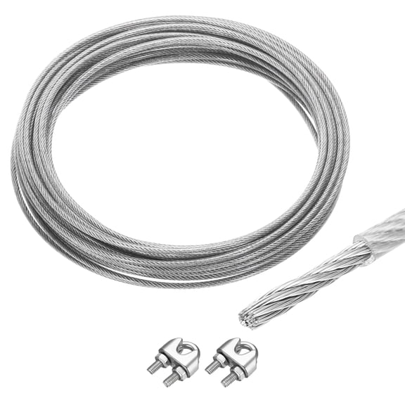 33Ft(10M) Wire Rope 304 Stainless Steel Cable 1/4" (6 mm) Vinyl Coated with 2pcs Screw Chuck Transparent