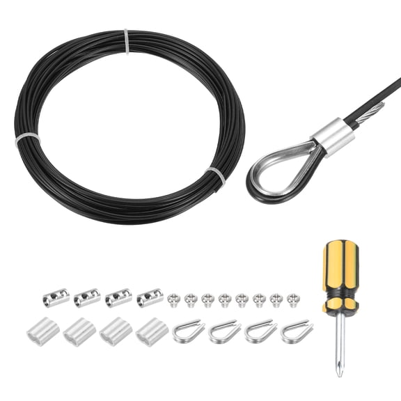 33Ft(10M) Wire Rope 304 Stainless Steel Cable 1/8"(3mm) Vinyl Coated with 1pcs Cable Clamp, Aluminum Sleeves and Thimble for Hanging, Clotheslines, Lifting Black