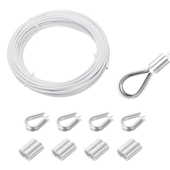 33Ft(10M) Wire Rope 304 Stainless Steel Cable 1/8"(3mm) Vinyl Coated with 4pcs Screw Chuck and Thimble for Hanging, Clotheslines, White
