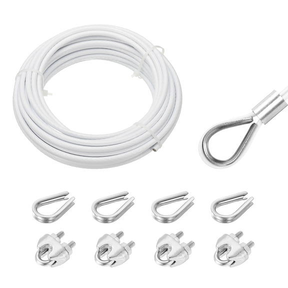 33Ft(10M) Wire Rope 304 Stainless Steel Cable 3/16"(5mm) Vinyl Coated with 4pcs Screw Chuck and Thimble for Hanging, Clotheslines, White