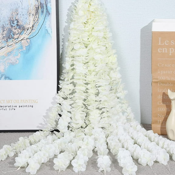 33Ft Artificial Flowers Garland Fake Wisteria Hanging Flowers Garlands Vine for Party Wedding Garden Decoration Pack(White)
