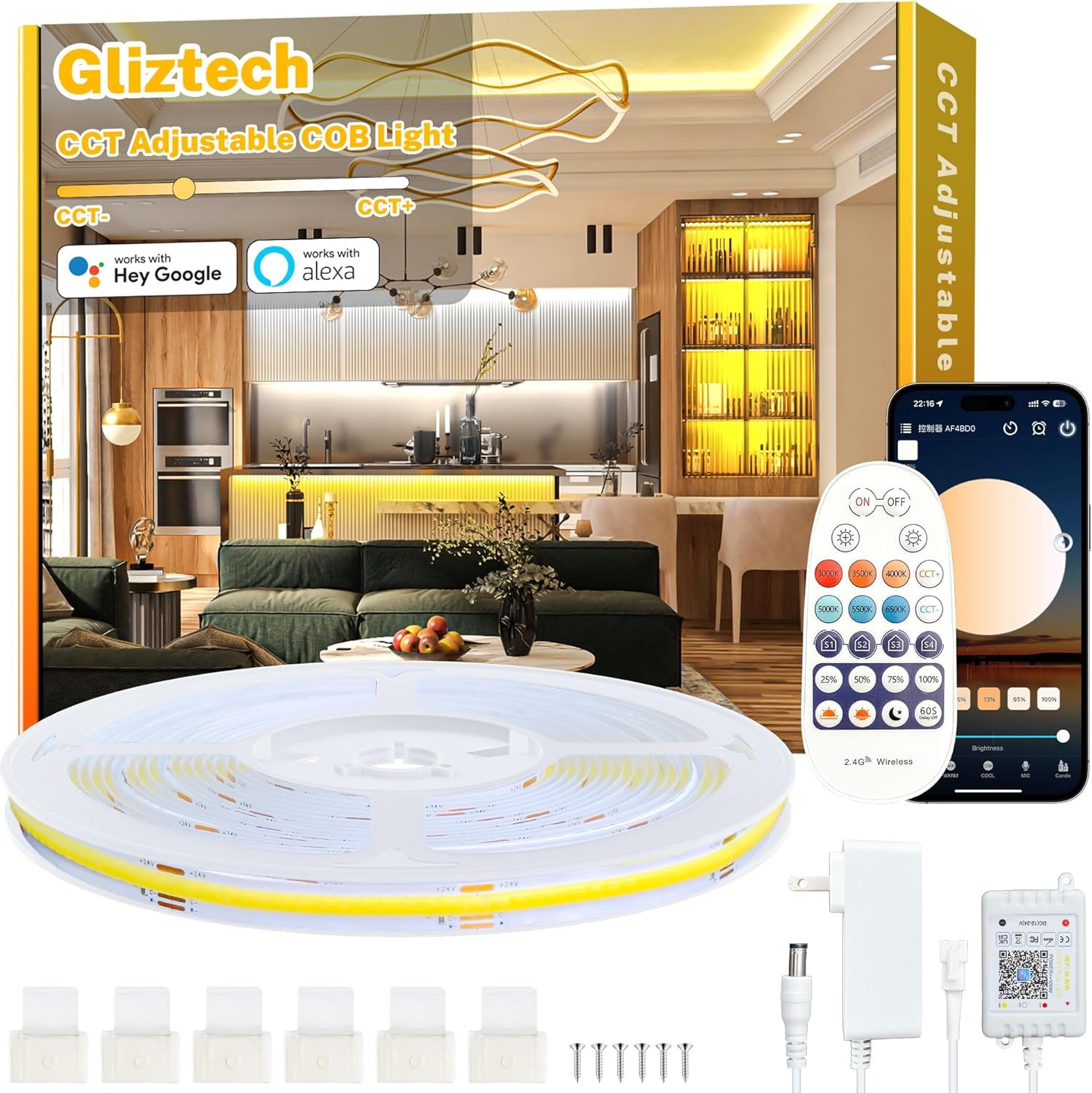 33Ft White Cob Led Strip Light Alexa Compatible, 3000K To 6500K Warm