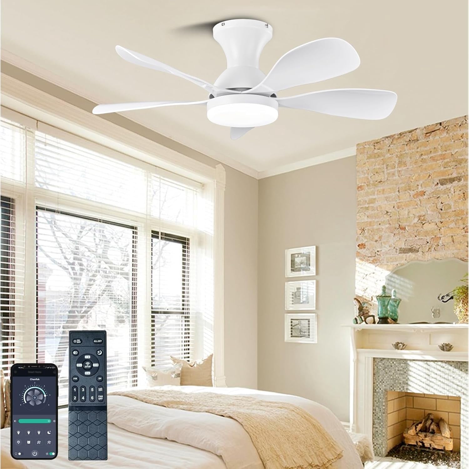 33In Low Profile Ceiling Fans with Lights and Remote/APP Control, White Modern Flush Mount Ceiling Fan with 5 Reversible Blades for Outdoor Patio,Small Room,Bedroom