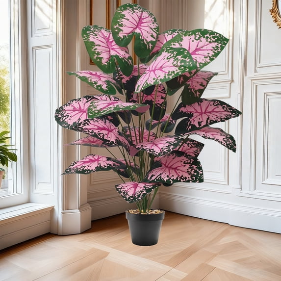 33Inch Artificial Caladium Potted Plants, 24 Leaves Fake Tropical Plants with Black Pot, Realistic PVC Faux Greenery for Home Office Desk Living Room Kitchen Shelf Decor