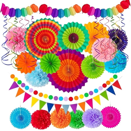 33PCS Fiesta Paper Fan Party Decorations Set - Cinco De Mayo Pom Poms, Pennant, Garland String, Banner, Hanging Swirls Multicolored Decor Supplies