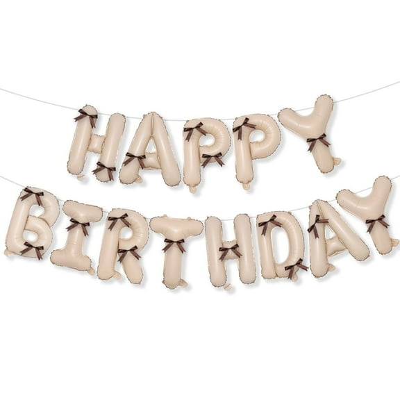 33PCS Set, milky white Birthday Balloon Party Decoration, Handmade Bow Combination, Color High-end Birthday Party Set Aluminum Foil Pull Flag, HAPPY BIRTHDAY Wall Decoration