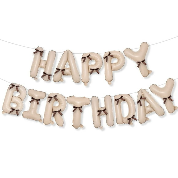 33PCS Set, milky white Birthday Balloon Party Decoration, Handmade Bow Combination, Color High-end Birthday Party Set Aluminum Foil Pull Flag, HAPPY BIRTHDAY Wall Decoration