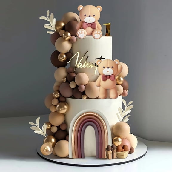 33Pcs Bear Cake Topper Boho Rainbow Decorations with Beige Brown Bears Pearl Balls Pick for Boy Girl Baby Shower Gender Reveal Wedding Birthday Party Supplies