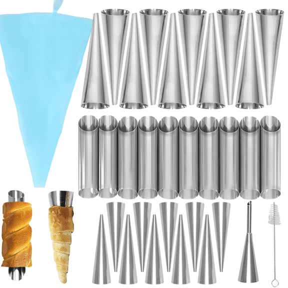 33Pcs Cream Horn Molds, Stainless Steel Cannoli Forms Tubes Kits, Baking Cones, Roll Horn Forms, Non-stick Baking Molds for Danish Pastry Lady Lock Form, Cream Roll, Croissant