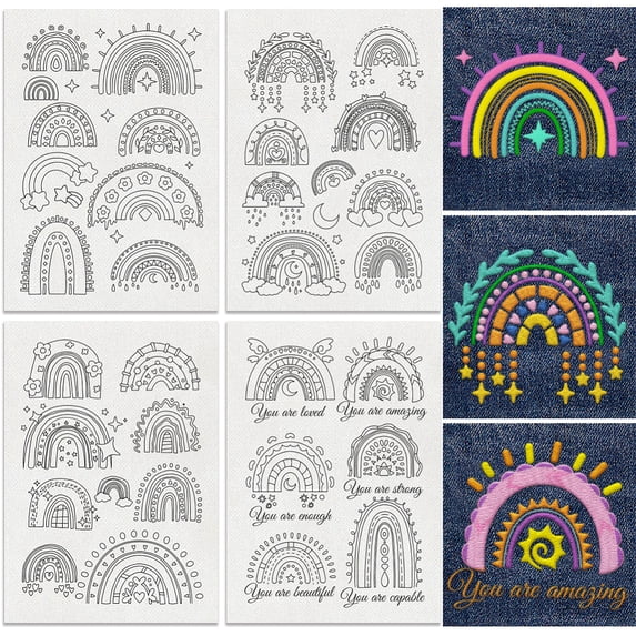 33Pcs Rainbow Water Soluble Hand Sewing Stabilizers 8.3"x11.7" Cartoon Rainbow Embroidery Pattern Stabilizer 4 Sheets Stick and Stitch Embroidery Paper Sticker