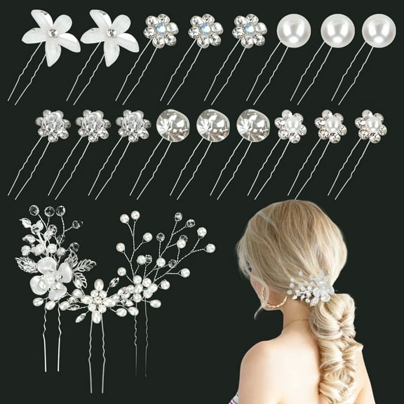 33Pcs Rhinestone Flower Hair Pins U Shaped Hair Crystal Hair Clips, Bridal Wedding Hair Pins, Metal Silver Pearl Bobby Pins Hair Jewelry Accessories for Women Girls Thick Long Hair