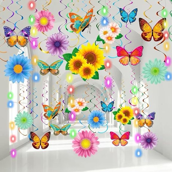 33Pcs Spring Hanging Decorations with LED Lights - Flower & Butterfly Swirls for Home, Spring Summer Party, Easter & Butterfly Themed Birthday Decor